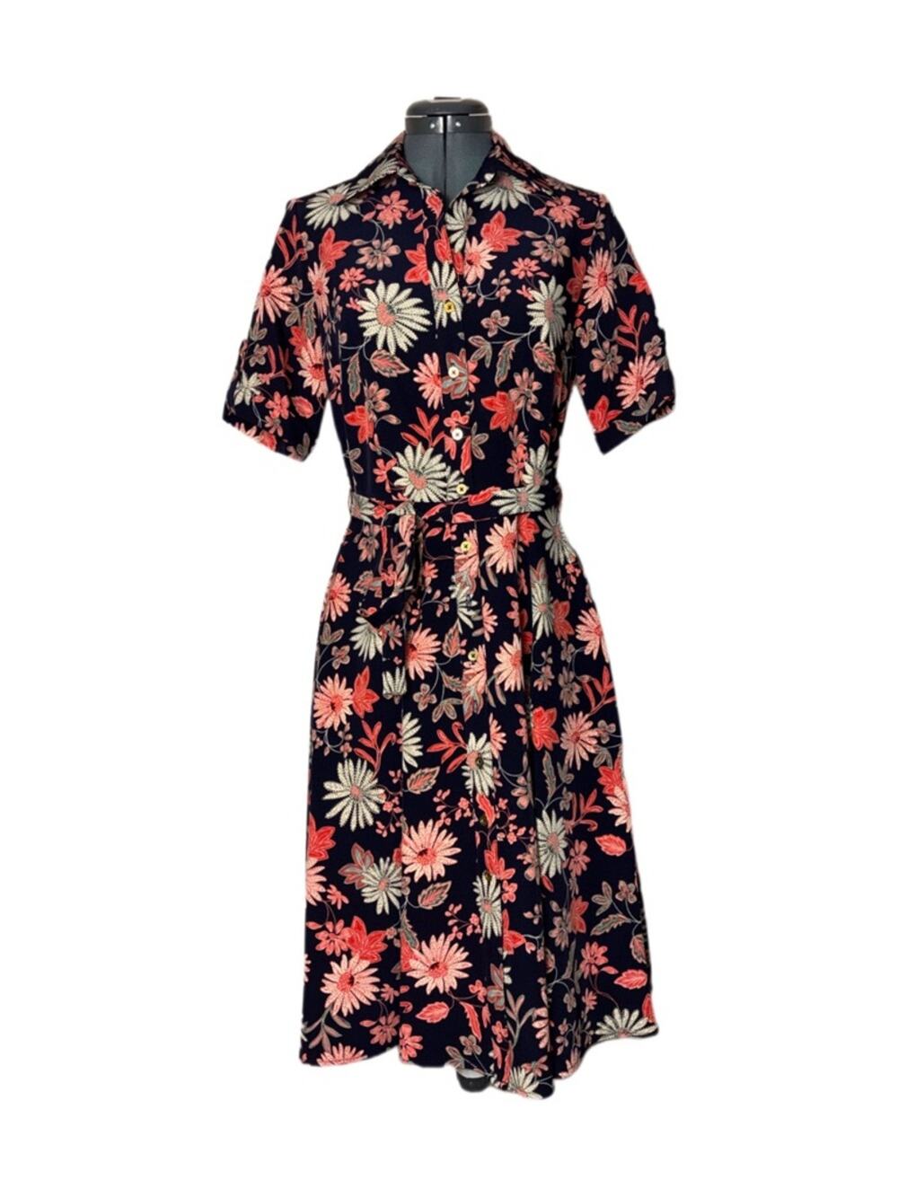 Nanette Lepore Women's Shirtdress Self Tie Belt Navy Orange Floral Size 2